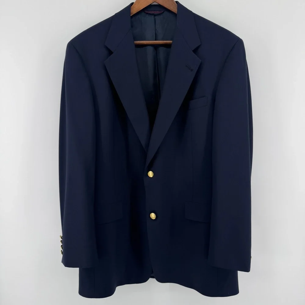Hart Schaffner &‎ Marx Blazer Mens 42L Navy Blue Wool Gold Crest Button Jacket
